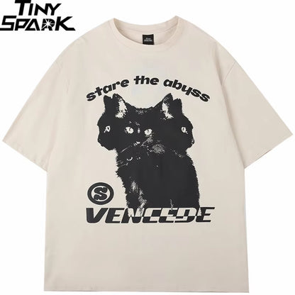 2025 New Streetwear Tshirt Hydra Cat Graphic T Shirt Men Cotton T-Shirt Hip Hop Loose Tops Tees Summer Short Sleeve Black White
